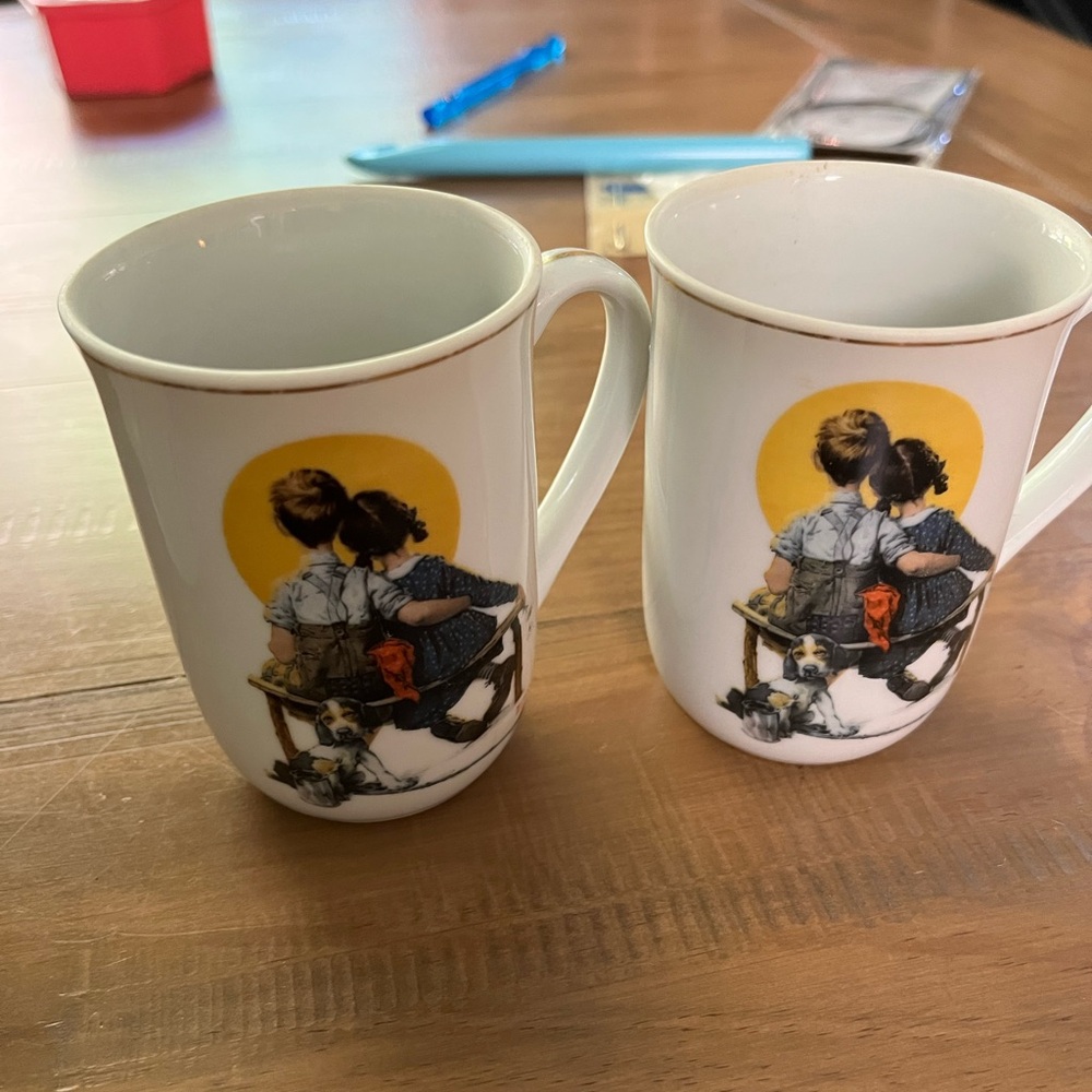Norman Rockwell White and Yellow Ceramic Mugs